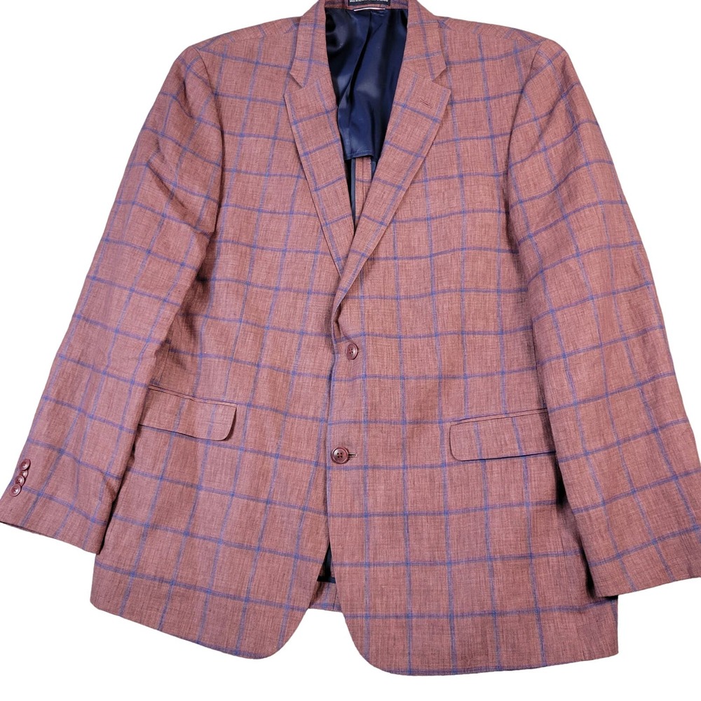 Tommy Hilfiger 100% Linen Blazer Sport Coat Plaid Mens 46L Double Vent Pink Blue